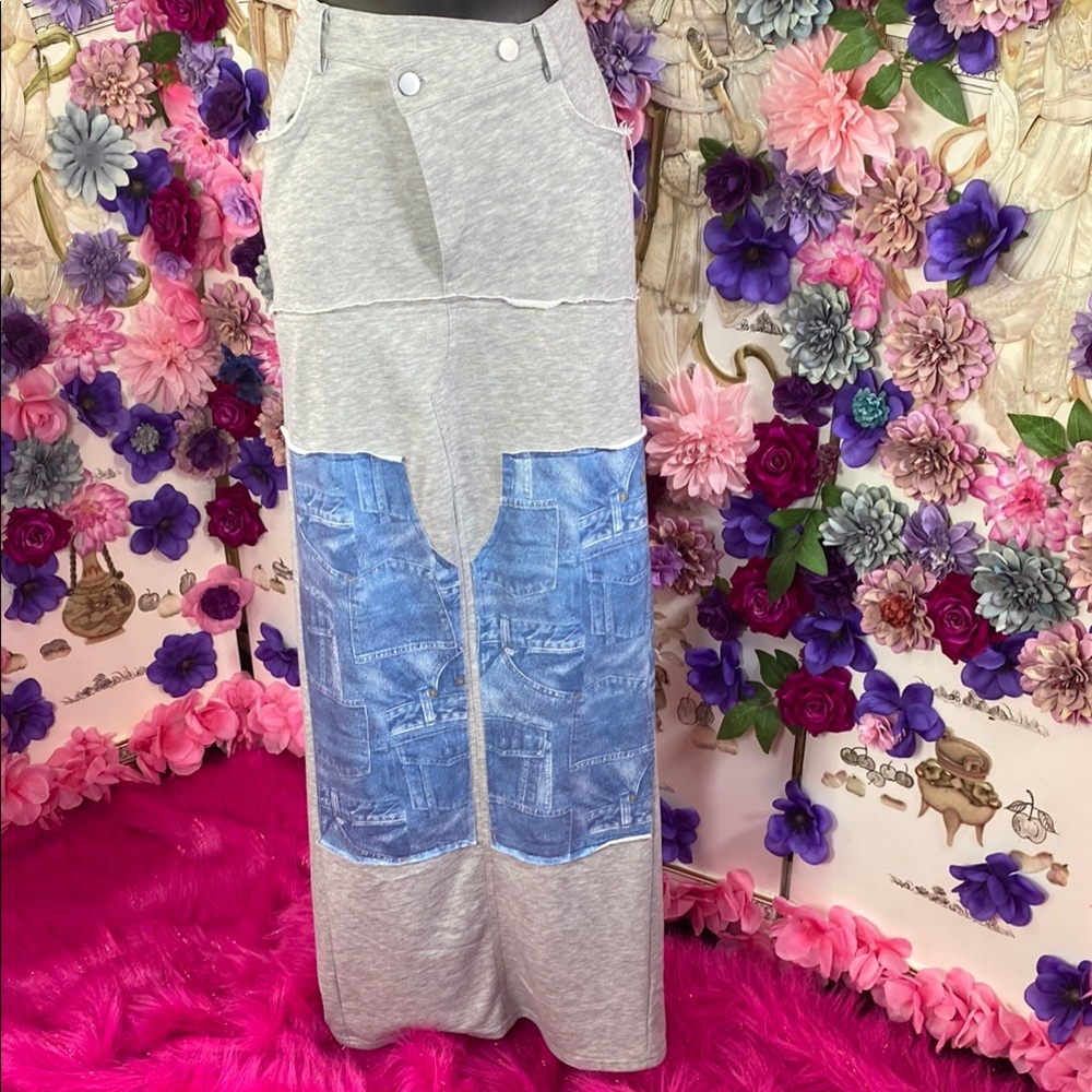Gray Patchwork Street Maxi Skirt with Denim Print Accents